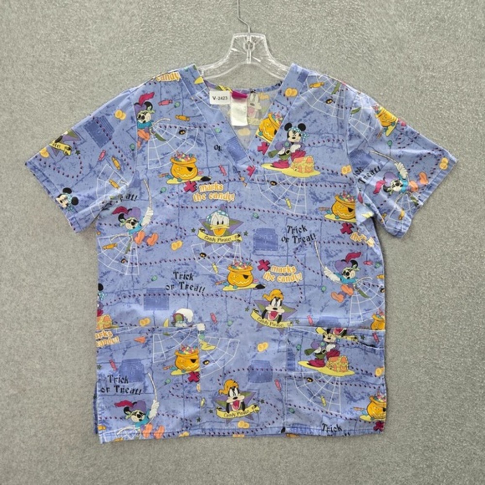 The Wonderful World of Disney Women Scrub Top S Purple Halloween Mickey Mouse